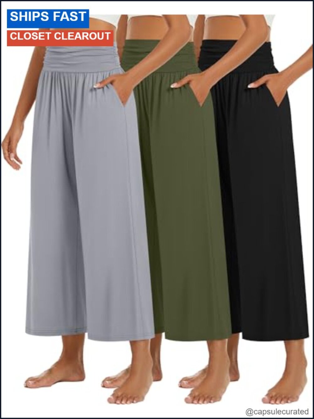Wide Leg Capri Pants High Waisted Pleated Lounge Yoga